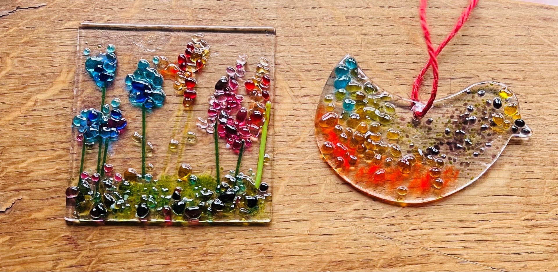 Fused glass decorations.