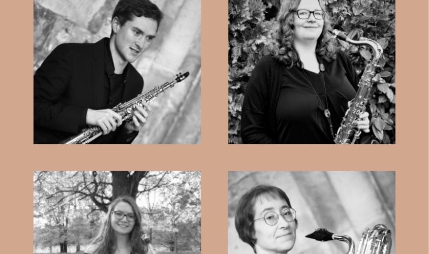 Saxofonie quartet performance promotional image, three women, one man.