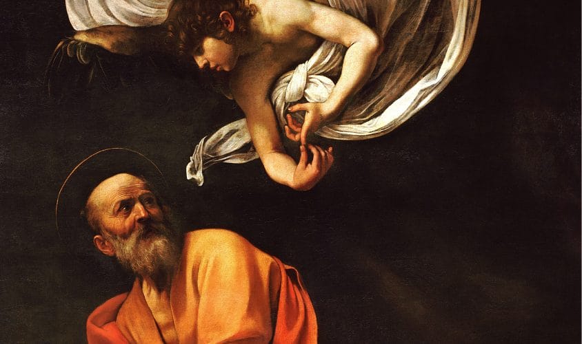 Close up of Caravaggio painting of an angel and Jesus.